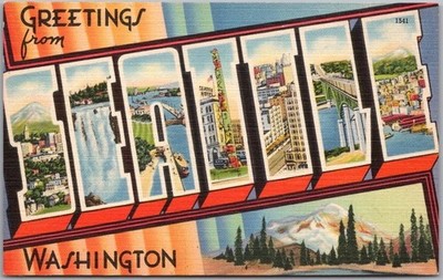 c1940s SEATTLE Washington Large Letter Postcard Mount Rainier / Johnston Linen