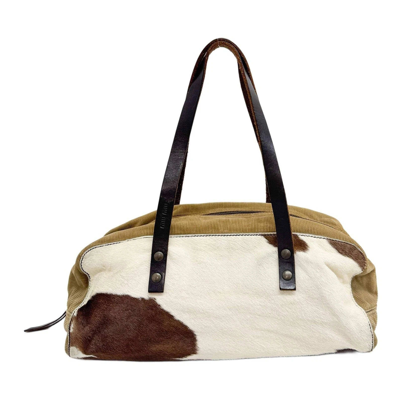 Miu Miu — MIU MIU Brown Cow Print pony Hair & Khaki Corduroy Shoulder Bag