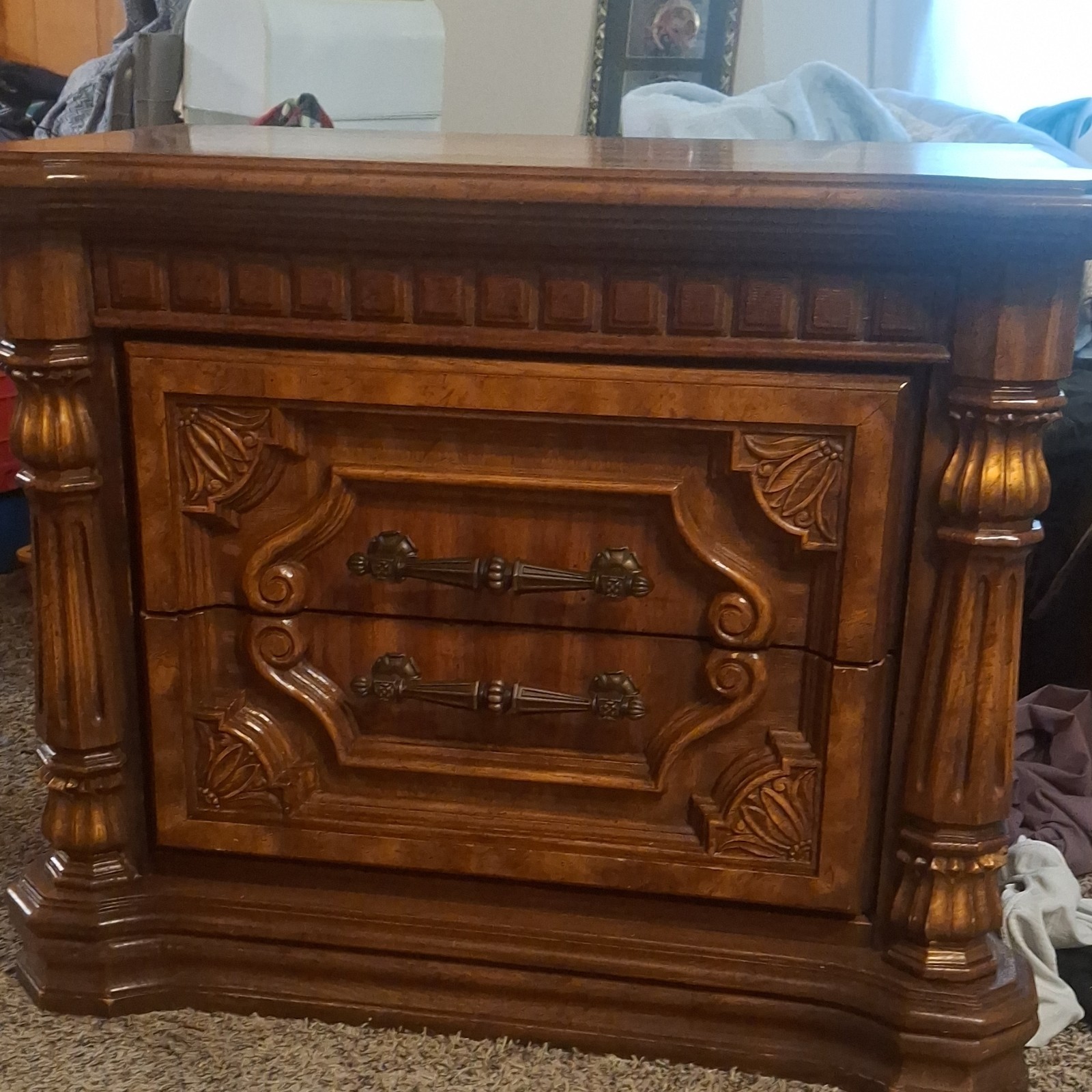 Vintage Brown Polished Wood Nightstand, 2 Drawers, Ornate, Brass Handles
