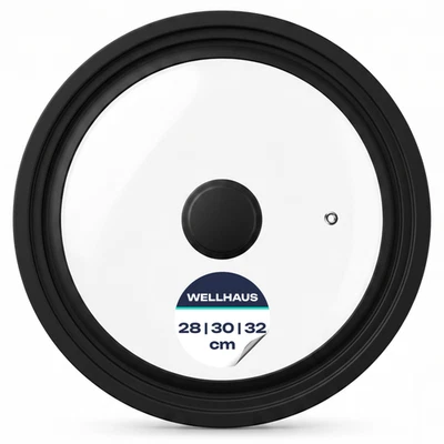 NEUF WELLHAUS Couvercle en verre universel 28 30 32 cm noir bord silicone valve - Photo 1/4