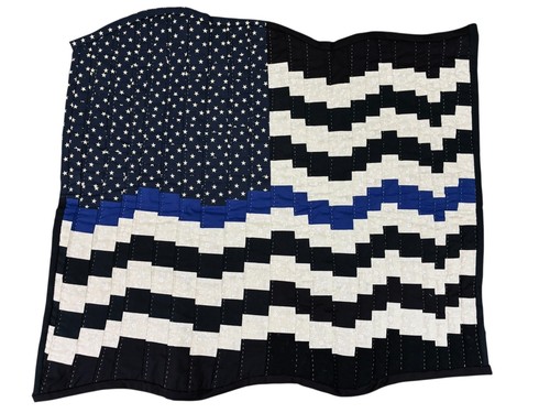 Hand sewn Bargello POLICE SUPPORT Flag Wall Hanging Thin Blue Line 29.5" X 22" - Picture 2 of 5