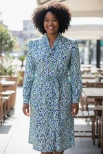  DON ELLIOT Long Sleeve Dress Size 16 White Blue Green Abstract