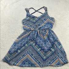By & By Women's Blue Orange Boho Geometric Print Midi Spaghetti Strap Sundress