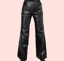 Vintage 60s Black Leather Motorcycle Biker Glam Rockstar Flare Pants 28 x 29