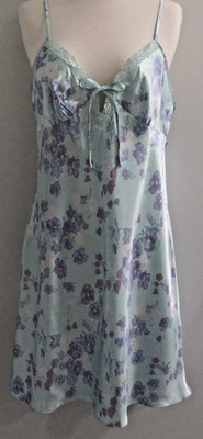 Warner's Sleepwear Y2K Shiny Chemise Satin Night Gown Slip Dress Floral Blue Lrg