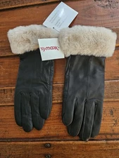NEW Surell Genuine Leather Black Gloves w/ Faux Fur Muff  Size Medium NWT