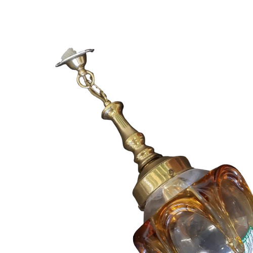 Vintage Mid Century Amber Hand Blown Glass Pendant Light Brass Hanging Ceiling image 4