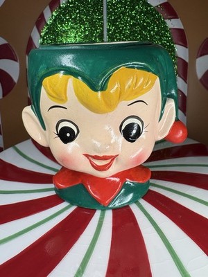 Vtg Inarco Blond Green Elf Pixie Head Red Candle Holder Christmas Figurine Japan