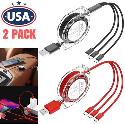 2PCS 3 in 1 Multi Fast Charging Cable Retractable Cell Phones Charger Cable USA