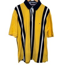 Vintage Tommy Hilfiger Polo Shirt Mens 2XL Yellow Navy Vertical Stripe Y2K Rugby