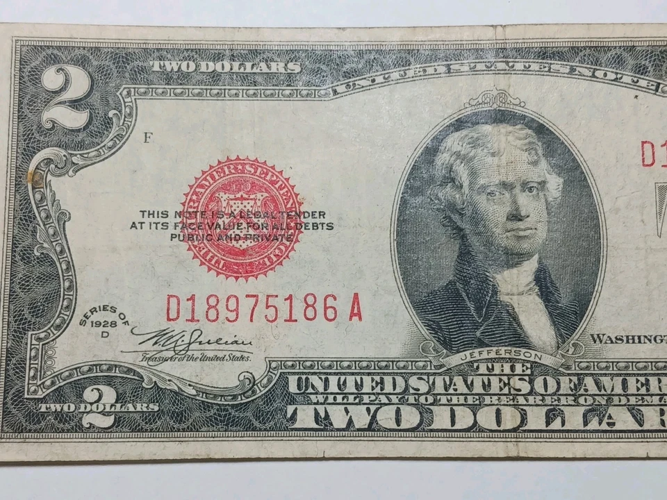 1928 D Red Seal $2.00 Dollar  United States Note  - Nice VF Condition - Image 3 of 4