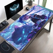 A Large Gaming Mouse Pad Featuring Blue-Haired Characters And a Spirit Cat Desi
