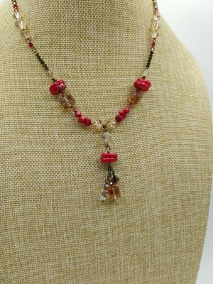 18'' Emily Ray Y Necklace Glass Beads Red Corral Sterling 925