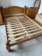 Wooden Double Bed Frame with Slatted Base & Headboard, Brown Country Style