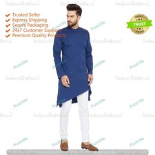 Mens Shirt Kurta Cotton Fabric Indian Dress Mens Tunic Kurta Plain Color Blue