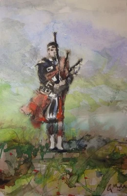 GERRY MILLER-.Original Kunstwerk"Scotsman" Unframed. Aquarell auf Papier.17x26cm - Bild 1 von 3