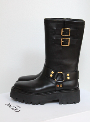 CELINE / ブーツ/37/BLK/レザー// New sz 6.5 / 37 CELINE Black Leather HARNESS BIKER MID Boot Logo