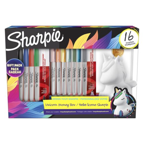 Sharpie Permanent Marker Pens Gift Set   Unicorn Money Box & Marker Pens   Fine  - Picture 1 of 5