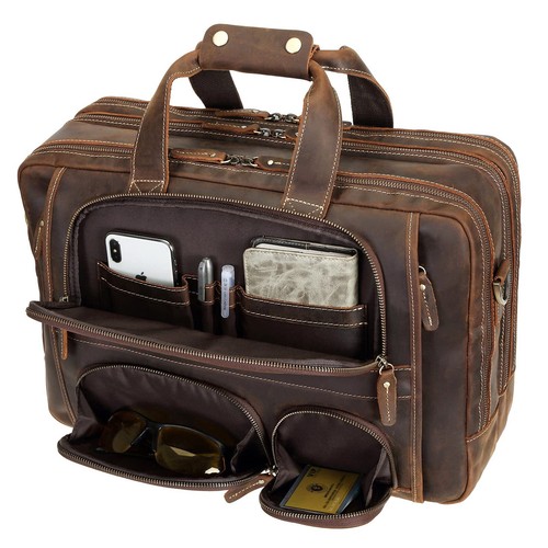 Polare Full Grain Cowhide Leather 17'' Laptop Large Briefcase For Men Business M - Picture 4 of 9