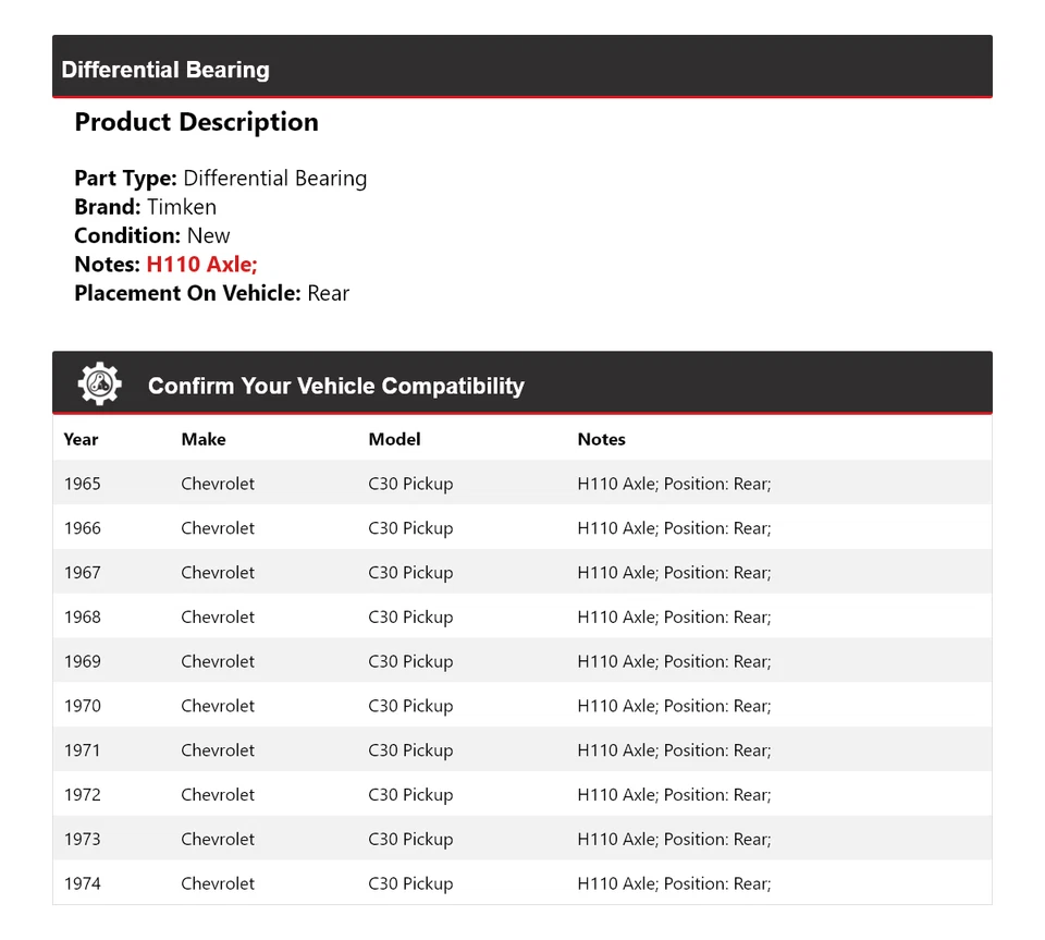 For 1965-1974 Chevrolet C30 Pickup Differential Bearing Rear Timken 1966 1967 - Image 2 of 4