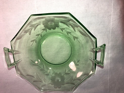 Green 7 Inch Handled Bowl Depression Glass Mint Flowers Etched