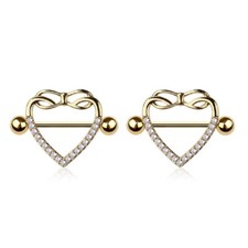 14G Heart Nipple Ring Shield Half Paved CZ 14mm Piercing Jewelry Sold Pair