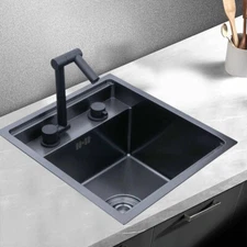 Hidden Kitchen Sink Single Bowl Folding Faucet W/ Drain Assembly Stainless Steel