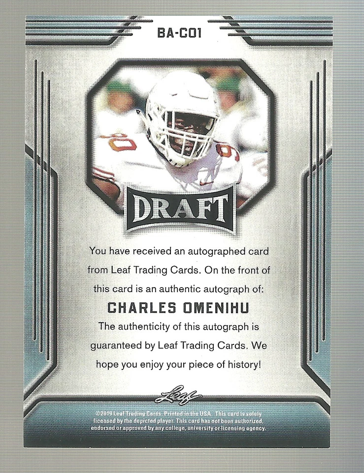 2019 Leaf Draft Gold Autographs Charles Omenihu #BA-CO1 (AU, RC) - Image 2 of 2