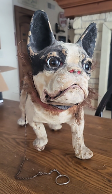Antique French Paper Mache Growiing Pull Chain Bulldog Doll Toy