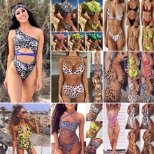 Women Casual Halter Sleeveless Leopard Snake Print Bikini Swimsuit Set Padded