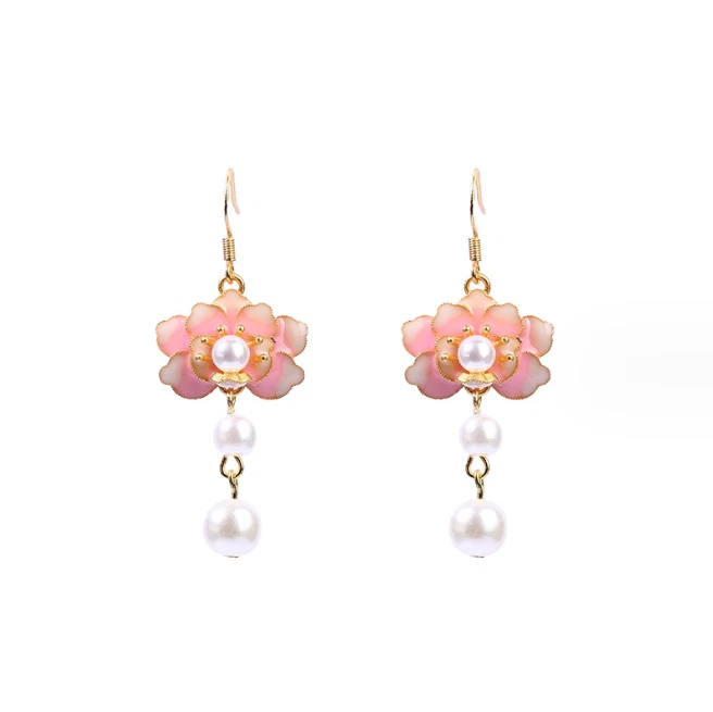 Pendientes colgantes de perlas esmaltadas flor boho delicadas piedras preciosas chapadas en oro de 18 quilates Foto 3 de 4