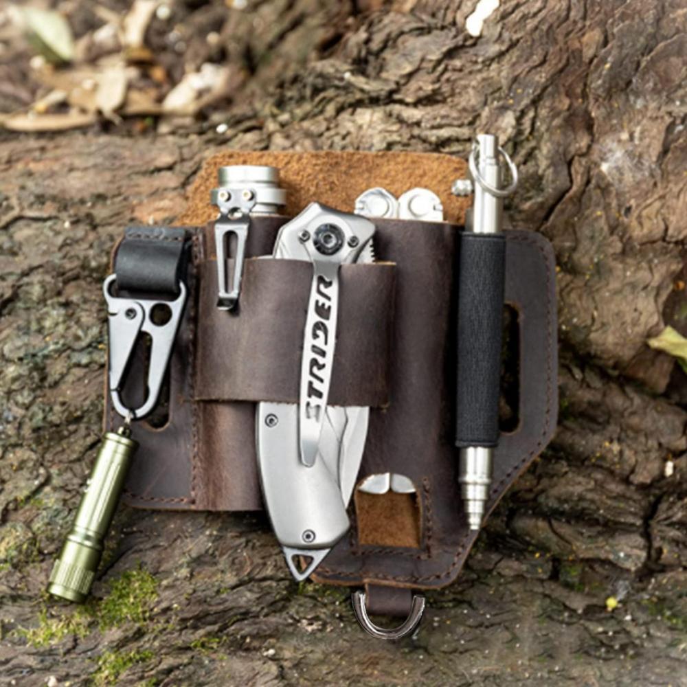EDC Multi-tool Leather Sheath For Knife Belt Flashlight Hostler Pocket Organizer