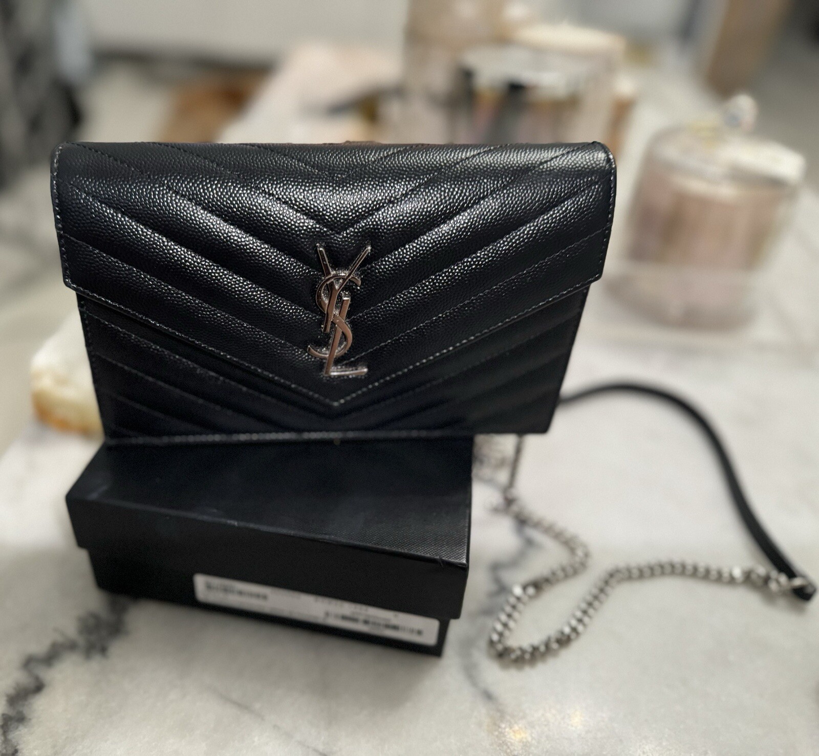 SAINT LAURENT AUTENTICO PORTAFOGLIO CASSANDRE BUSTA CATENA IN PELLE GRAIN DE POUDRE NOIR