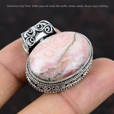 925 Silver Oval Rhodochrosite Stone Boho Vintage Bezel Wife Anniversary Pendant
