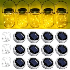Solar Mason Jar String Light Lids 12 Pack 30 LED Fairy Firefly Inserts Lighti...