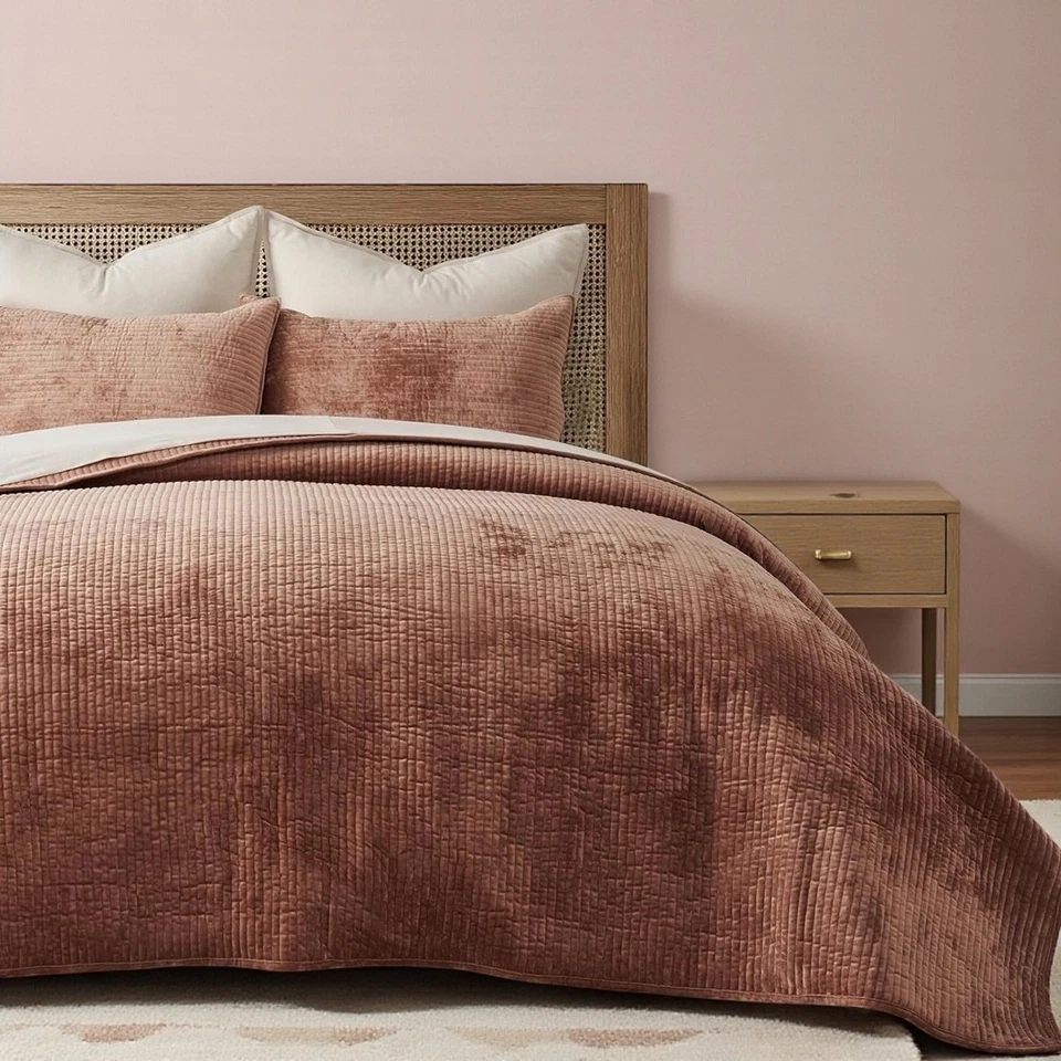 NEW West Elm Velvet Terracotta Clay Queen / King Bedding Comforter & Sham Set - Image 3 of 4
