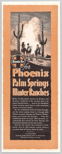 1940 ATSF Santa Fe Railroad to Phoenix Cowboys Cactus art Vintage Print Ad