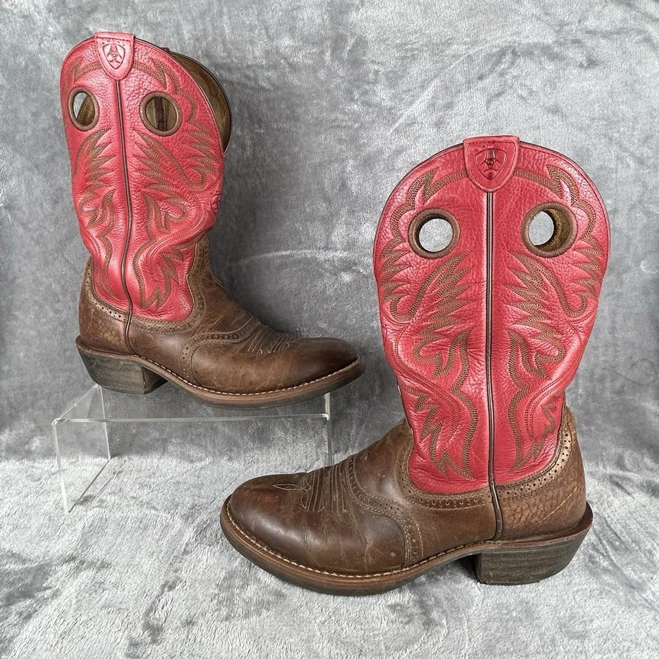 Ariat Western Botas Para Hombre 9.5 D Rojo y Marrón Cuero Estilo 34879 Vaquero Media Pantorrilla Foto 3 de 4