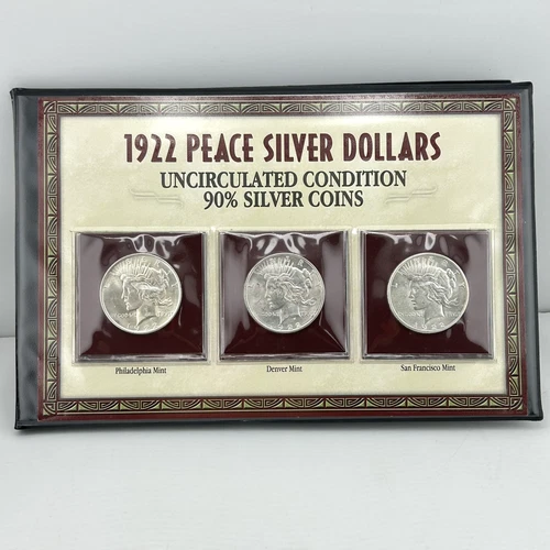 1922 P/D/S $1 Peace Dollar 90% Silver Coin Collection UNC PCS Stamps Book