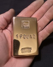 .999 Fine 1 Pound Hand Poured Copper Bullion Ingot Bar Investment Grade CU 