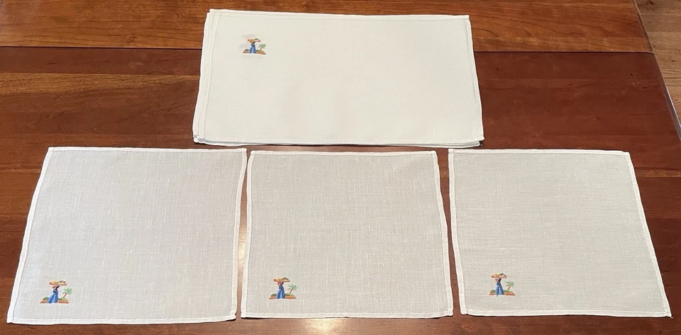 VTG Jamaican Folk Art Madeira Linen Hand Embroidered Placemat & Napkin Set-8pc. - Image 4 of 4