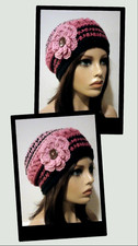 crochet handmade womans flower hat beanie anemone pink puffs new USA made