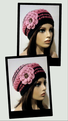 crochet handmade womans flower hat beanie anemone pink puffs new
