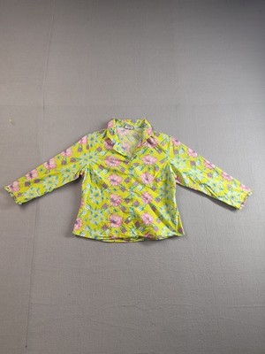 Pine Cone Hill Women Blouse Top S Green Floral Long Sleeve Button Up Collared