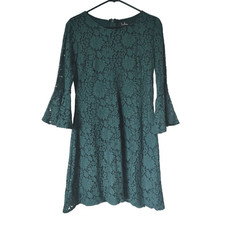 Lulu's Women's Size Medium Hunter Green Lace Overlay Lined Bell Sleeves Dress
