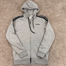 Adidas Essentials 3 Stripe Full Zip Hoodie Gray Fleece Mens Medium DU0476