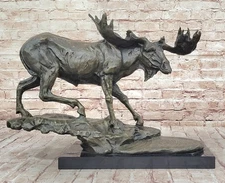 Bull Moose Bronze Statue Sculpture Figure Cabin Decor on Marble Base 16" x 23"