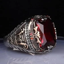 925 Sterling Silver Turkish Handmade Jewelry Zircon Red Men's Ring All Size
