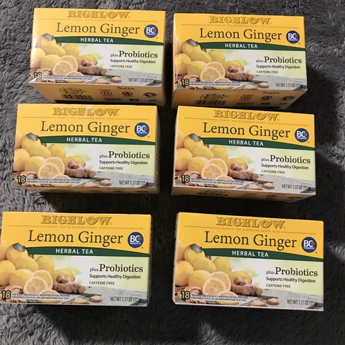 6 x Bigelow Tea Lemon Ginger Herbal Tea Plus Probiotics 18 Bag(S) Each