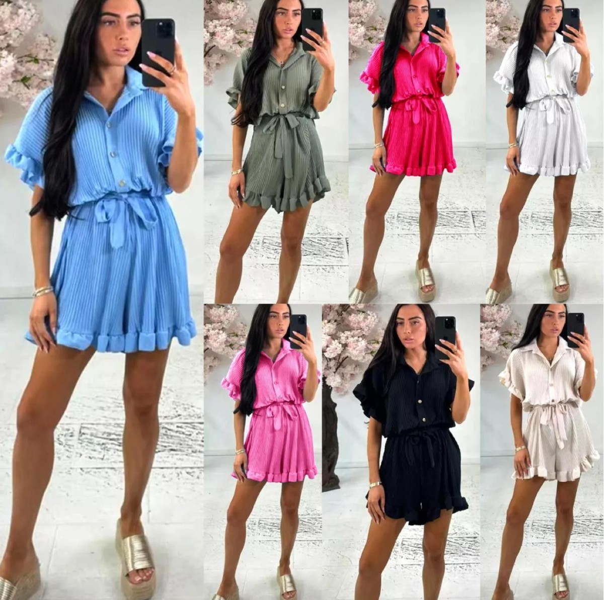 Ladies Jumpsuit Women Short Sleeve Pleated Frill Hem gold button